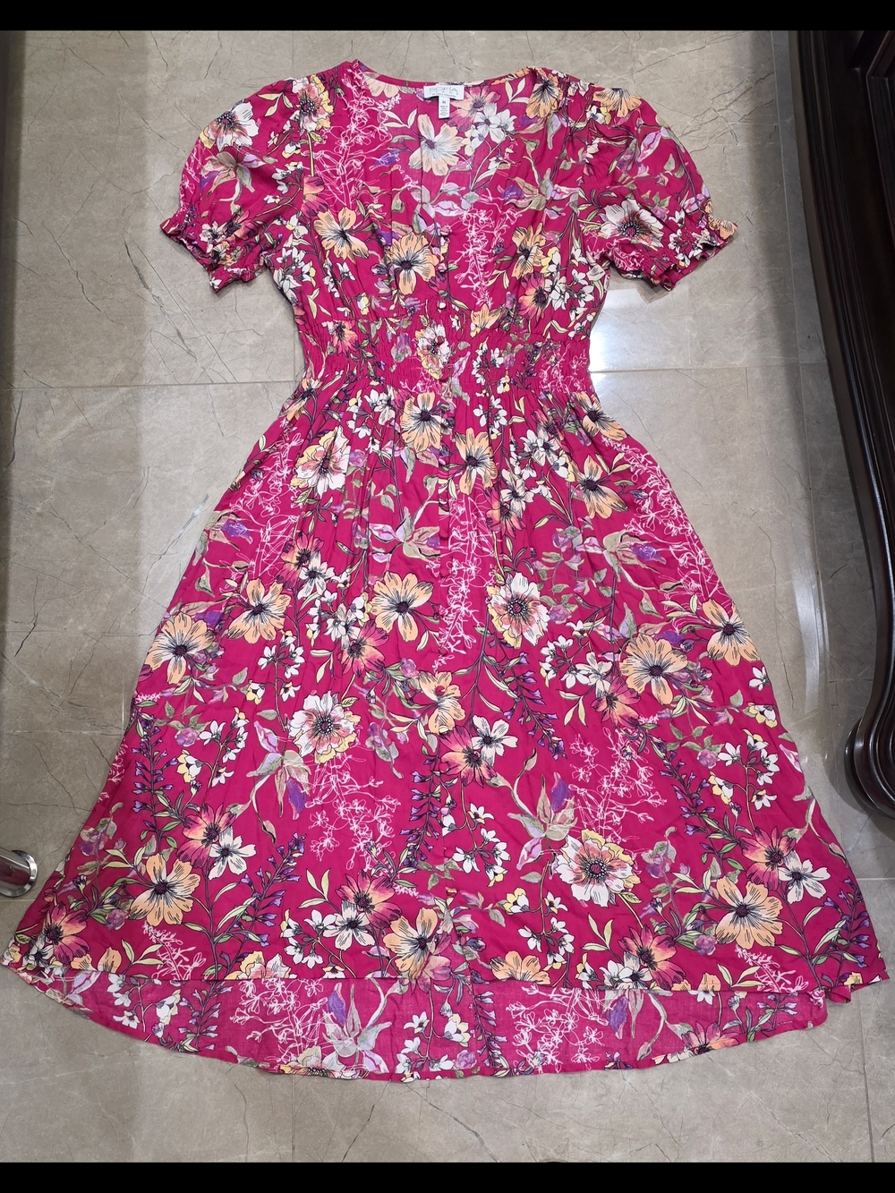 sofia by sofia vergara Fuchsia Floral V-Neck Puff Sleeve Midi Dress